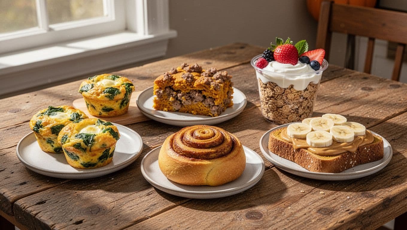 Five pumpkin breakfasts arranged on a rustic table.