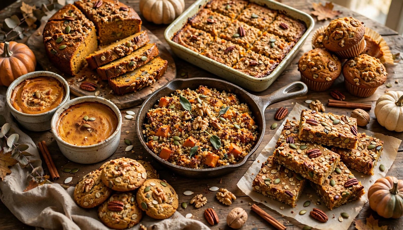 Seven pumpkin breakfast bakes arranged on a rustic table with autumn garnishes.