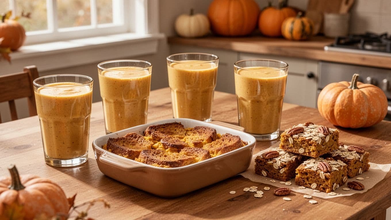 Three pumpkin smoothies with French toast casserole and oat breakfast bars on a kitchen table.