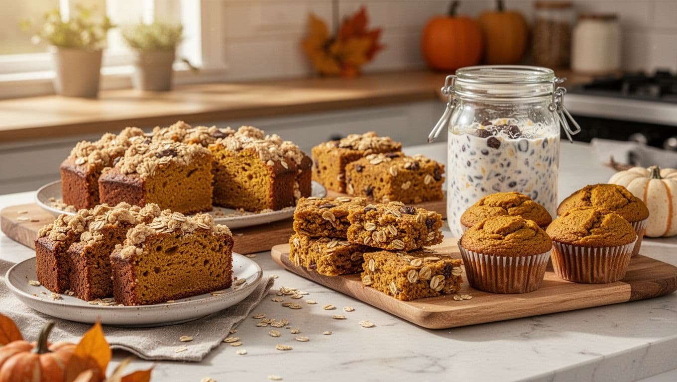 Pumpkin coffee cake, oatmeal squares, muffins, and overnight oats on a kitchen counter.