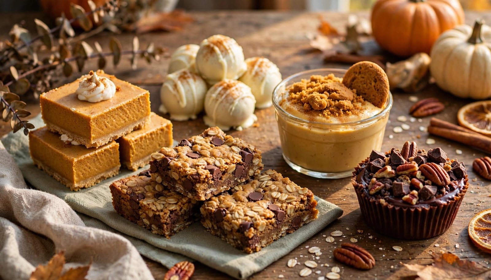 Five pumpkin and chocolate no-bake desserts arranged on a rustic wooden table.
