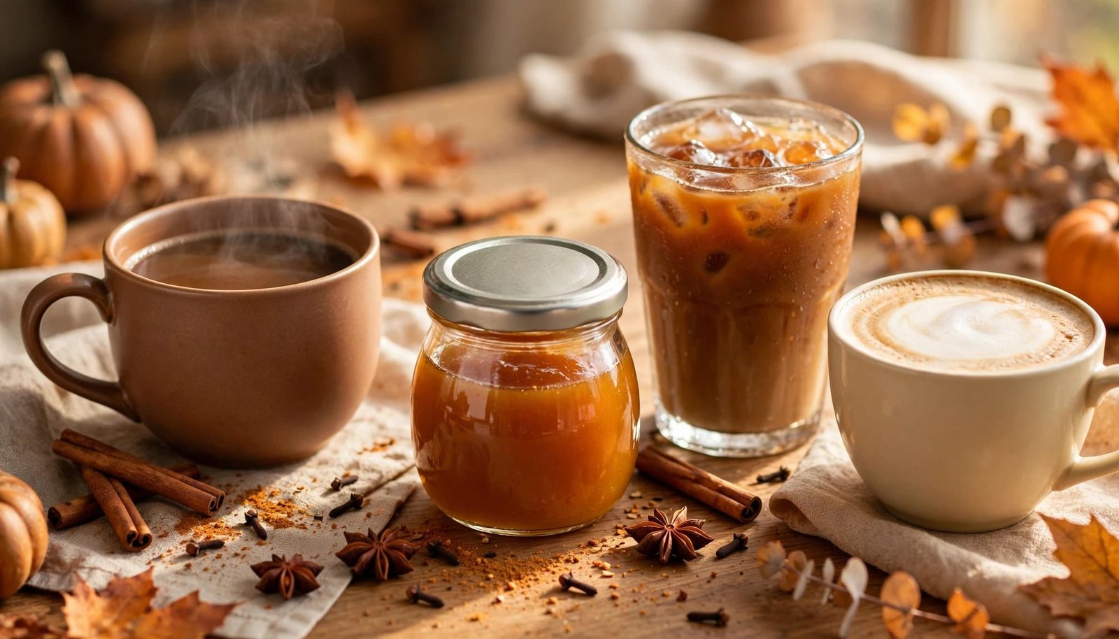 Three pumpkin coffee drinks and a syrup jar sit on a warmly lit kitchen table.