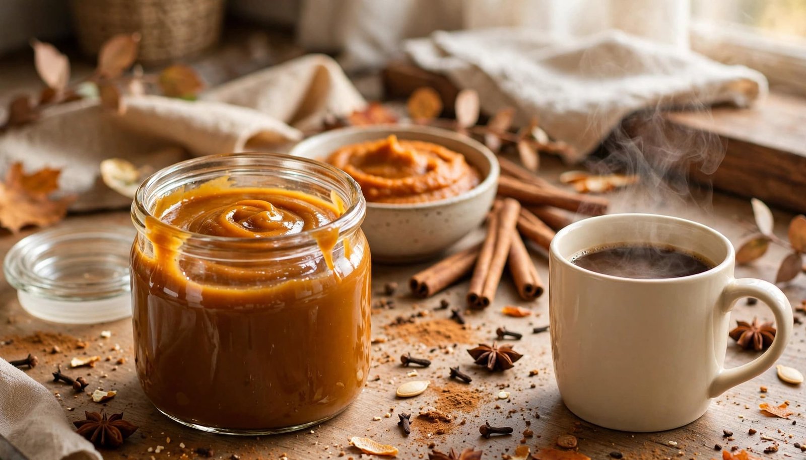 Pumpkin coffee sauce in a glass jar beside hot coffee and autumn spices.