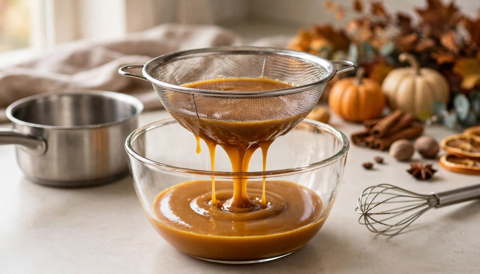 Warm pumpkin coffee sauce strains into a glass bowl beside a whisk and saucepan.