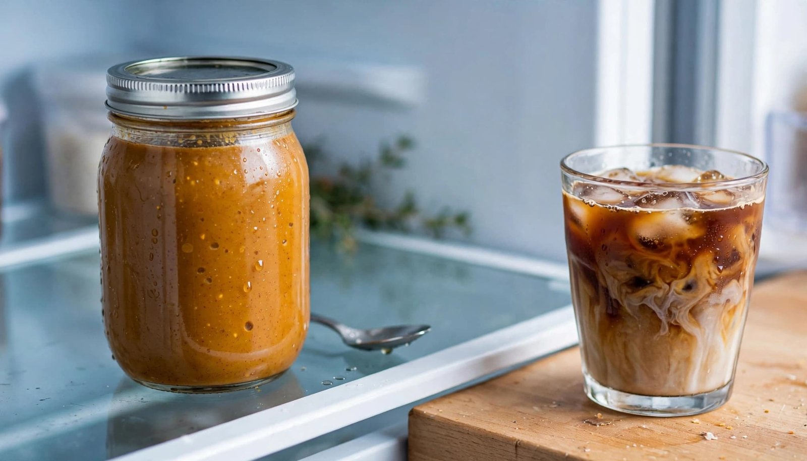 Sealed pumpkin coffee syrup jar beside a spoon and iced coffee.