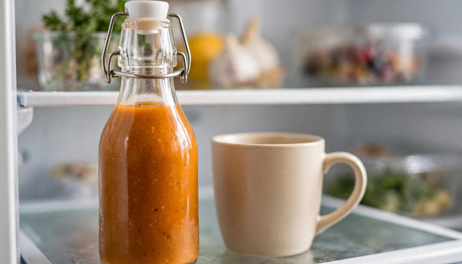Pumpkin coffee syrup in a capped glass bottle beside a mug in the refrigerator.