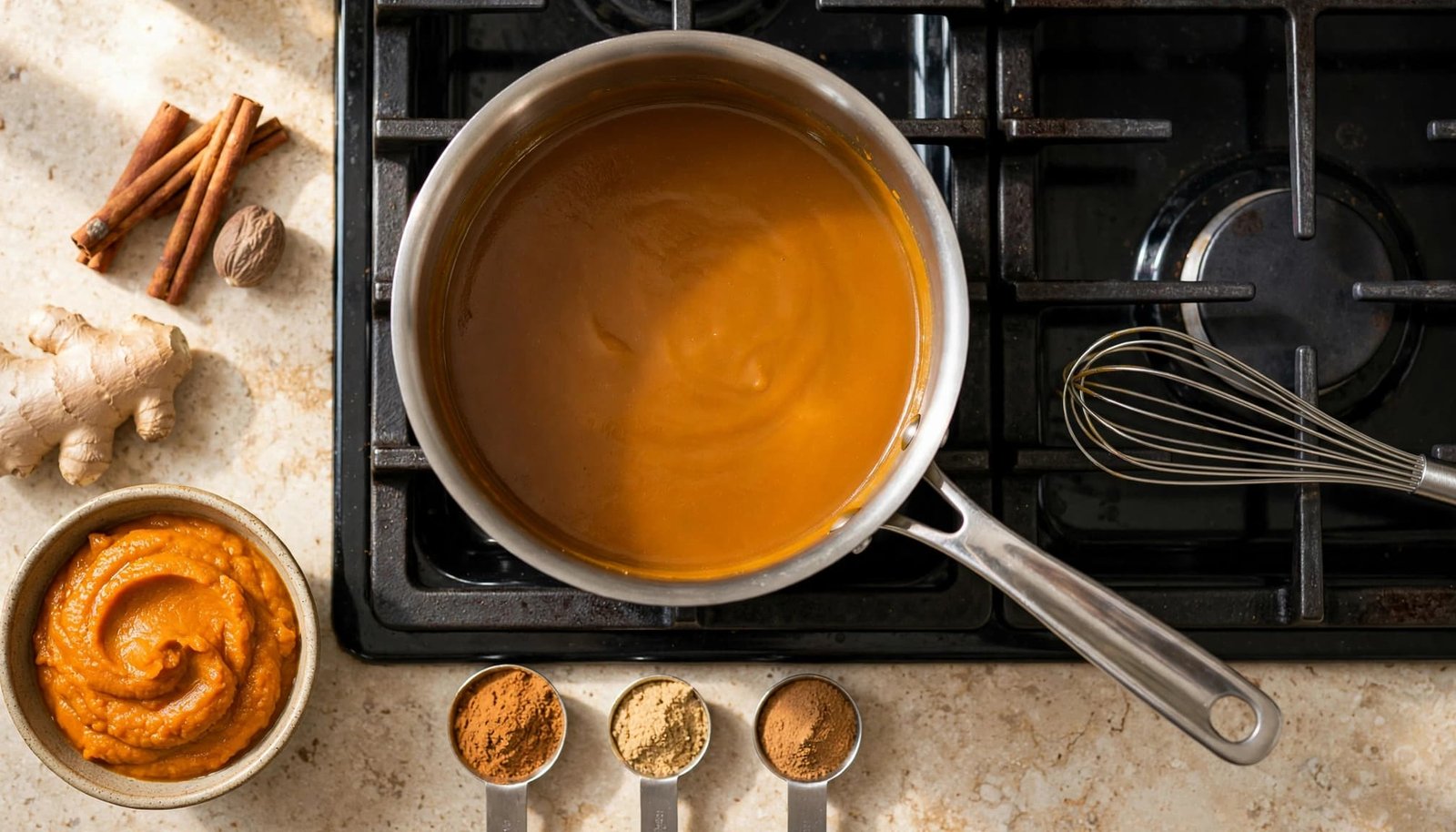 A saucepan of pumpkin coffee syrup with a whisk and spices on a bright kitchen stovetop.