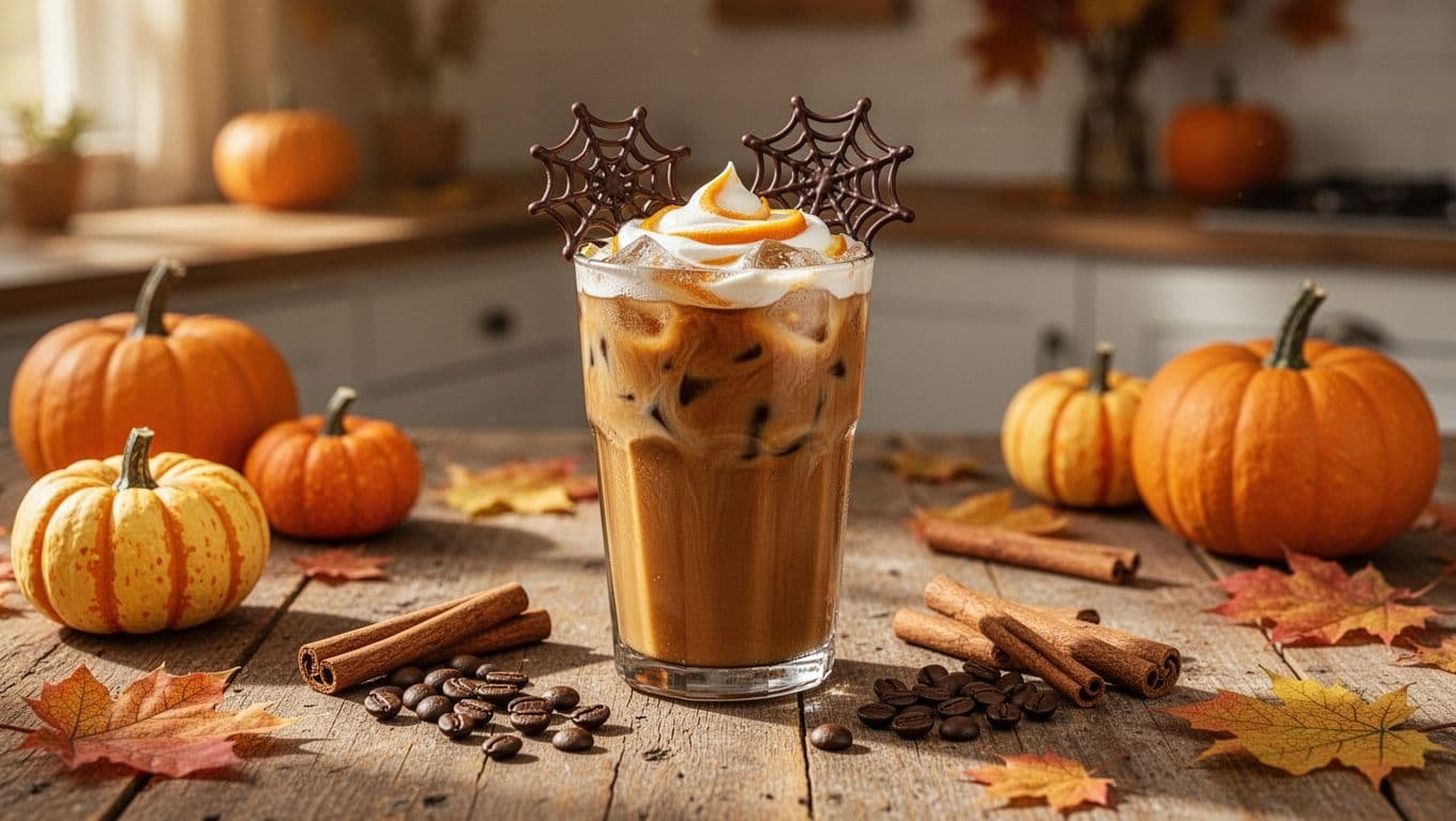 Iced pumpkin cold brew with orange cream and a chocolate spiderweb garnish on a rustic table.