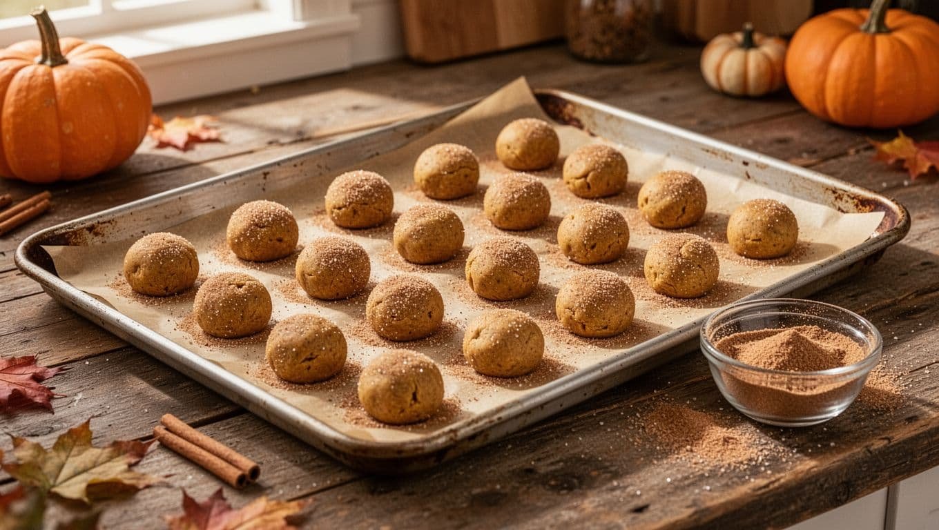 Pumpkin cookie dough balls coated in cinnamon sugar sit on a baking sheet.