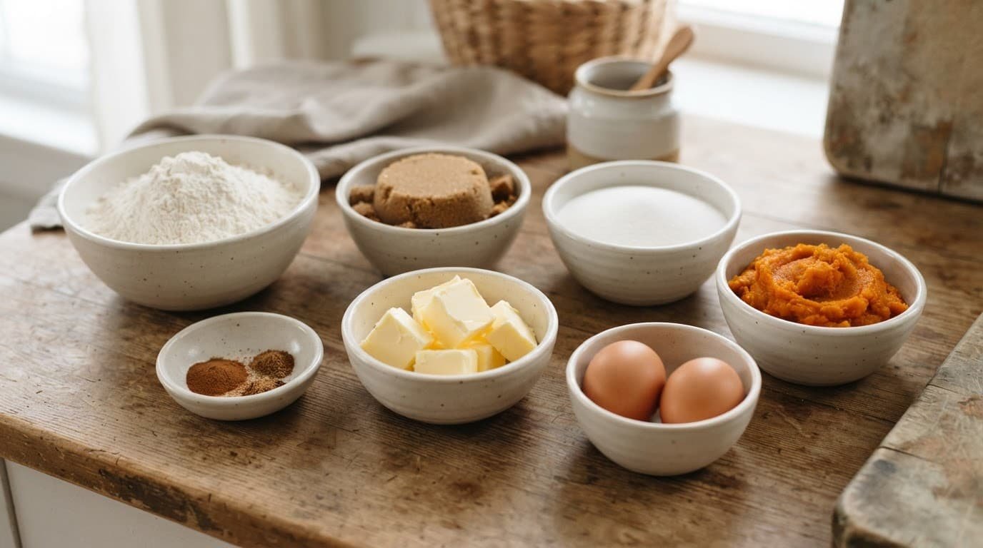 Bowls of pumpkin cookie ingredients arranged on a rustic kitchen counter.