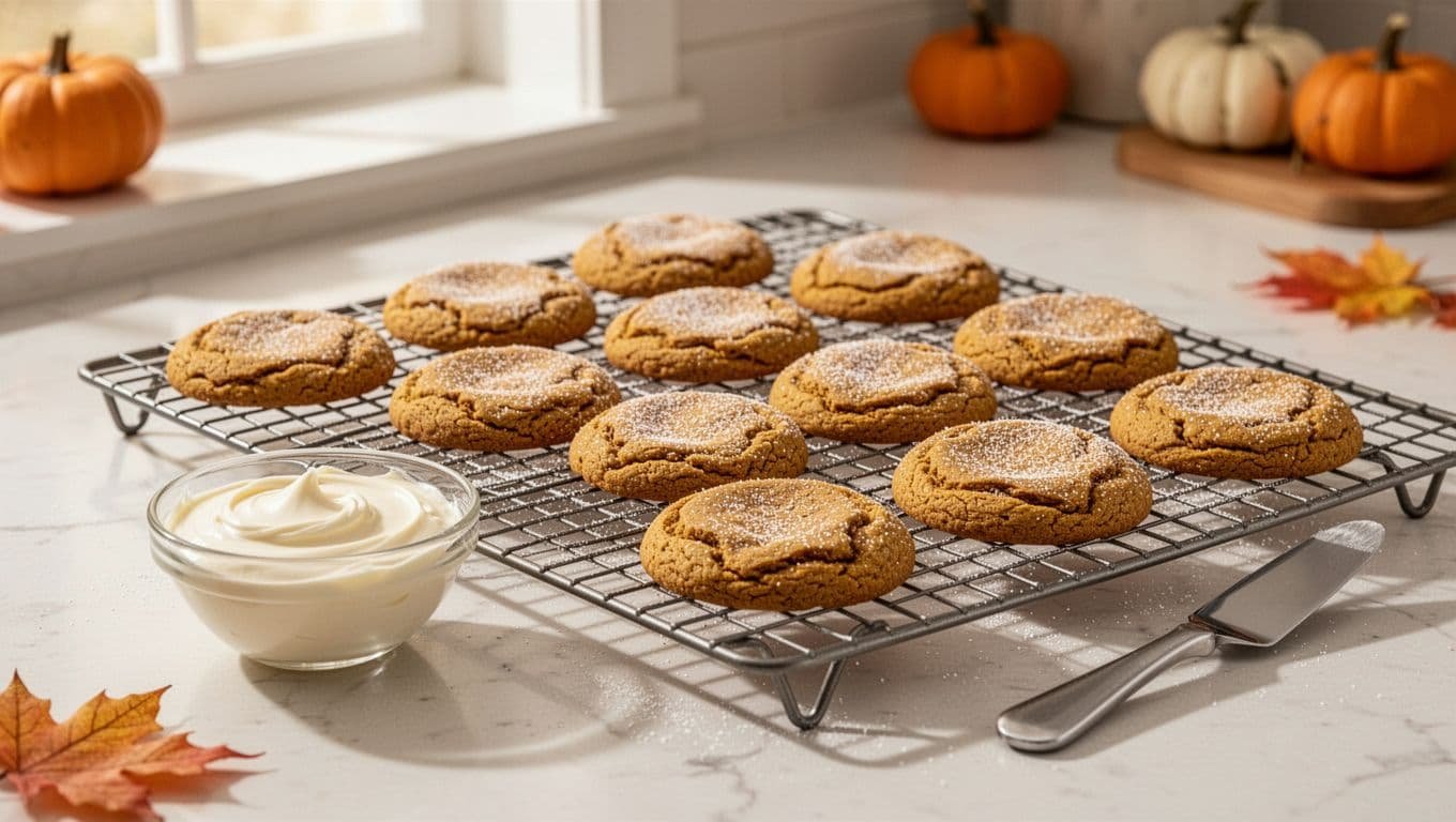 Pumpkin cookies cool on a rack beside cream cheese icing and a spatula.
