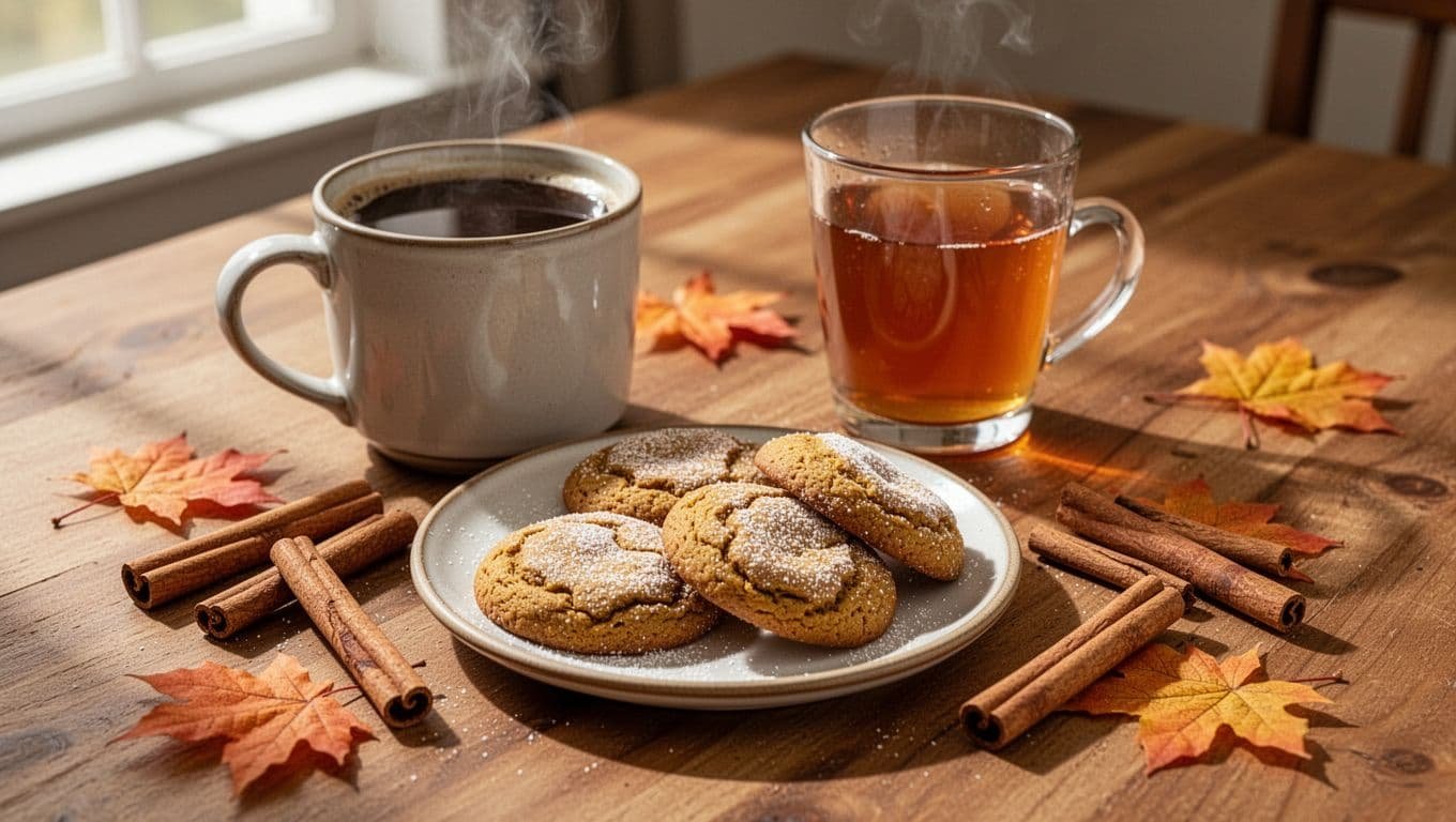 Three pumpkin cookies sit beside coffee and apple cider on a wooden table.