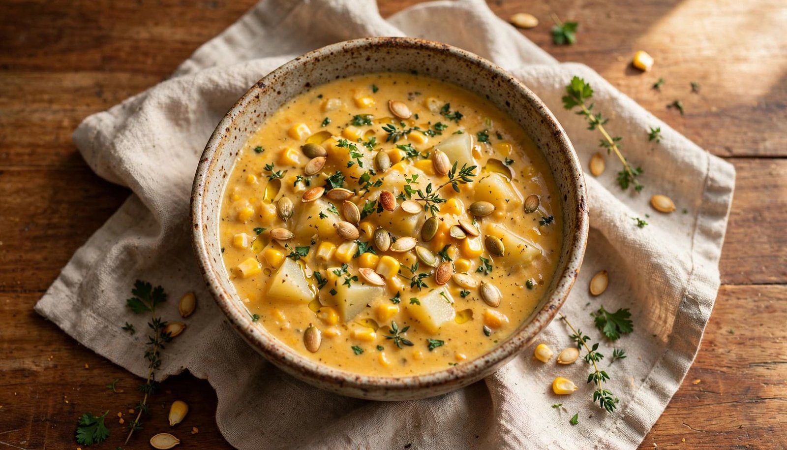 Creamy pumpkin corn chowder with potatoes, herbs, and pumpkin seeds on a wooden table.