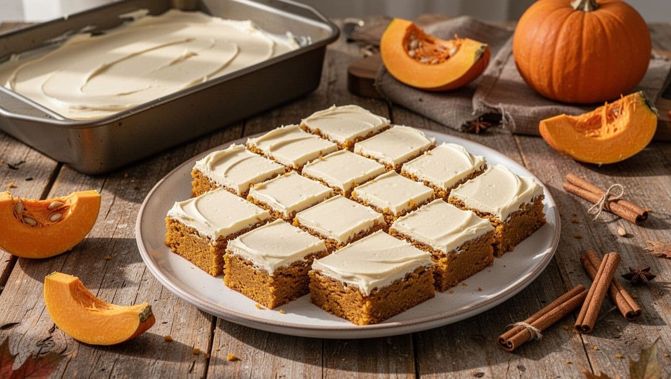 Frosted pumpkin bars on a plate beside a baking pan and cinnamon sticks.
