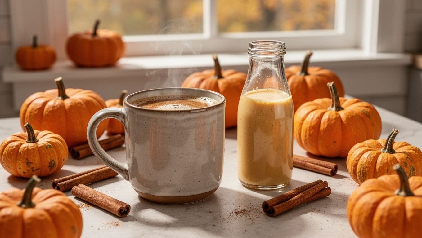 Pumpkin spice coffee and homemade creamer sit beside pumpkins and cinnamon sticks on a kitchen table.