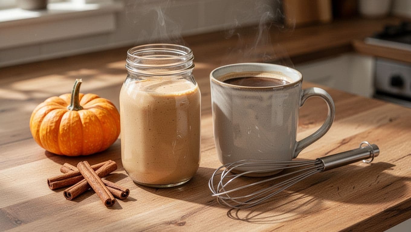 A jar of pumpkin creamer beside coffee, a pumpkin, cinnamon sticks, and a whisk.