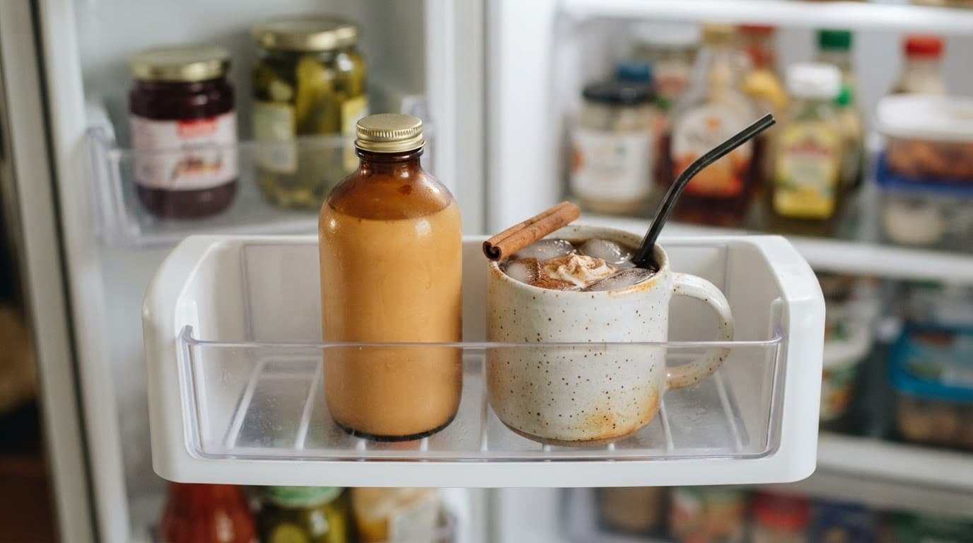 Pumpkin creamer and iced coffee sit together on a refrigerator door shelf.