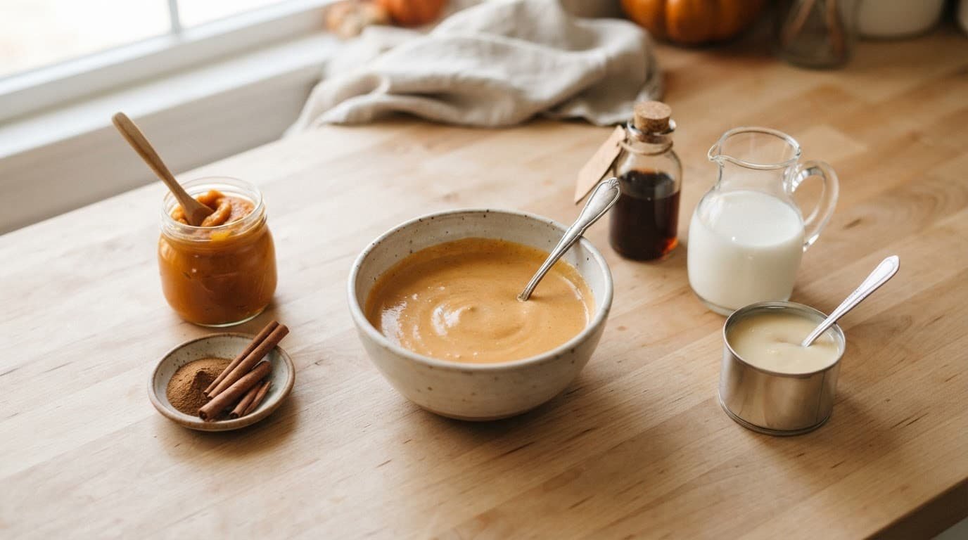 Bowl of pumpkin creamer surrounded by simple fall ingredients on a bright kitchen counter.
