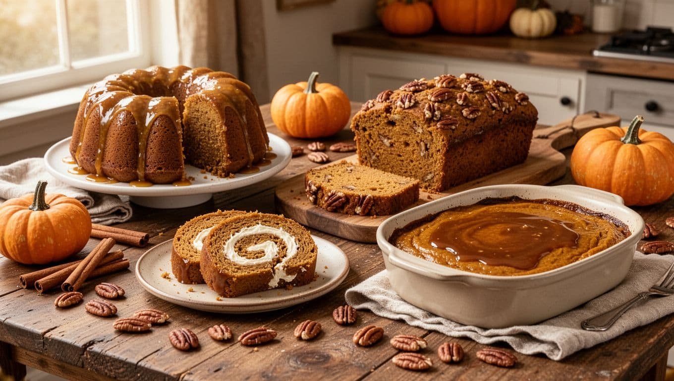Four pumpkin desserts arranged on a rustic autumn kitchen table.