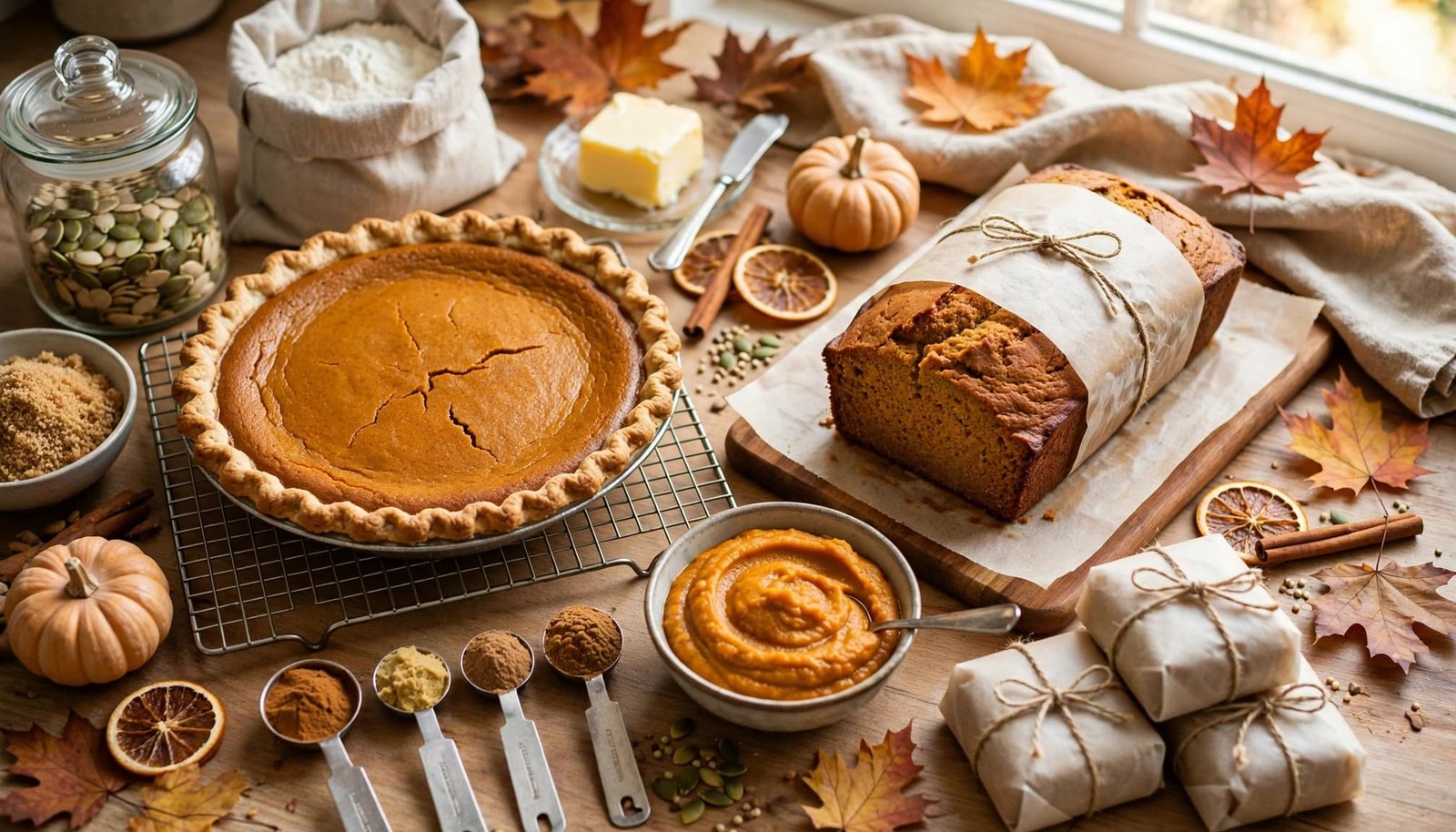 Pumpkin pie and bread with spices, puree, and wrapped portions on a kitchen counter.