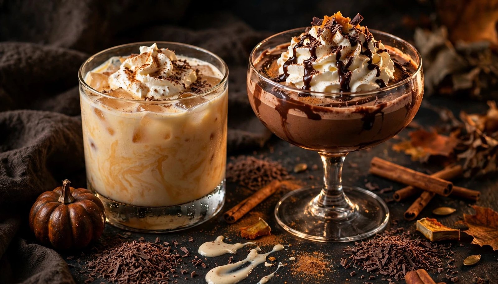Two pumpkin cocktails with chocolate, cinnamon, and cream on a dark autumn table.