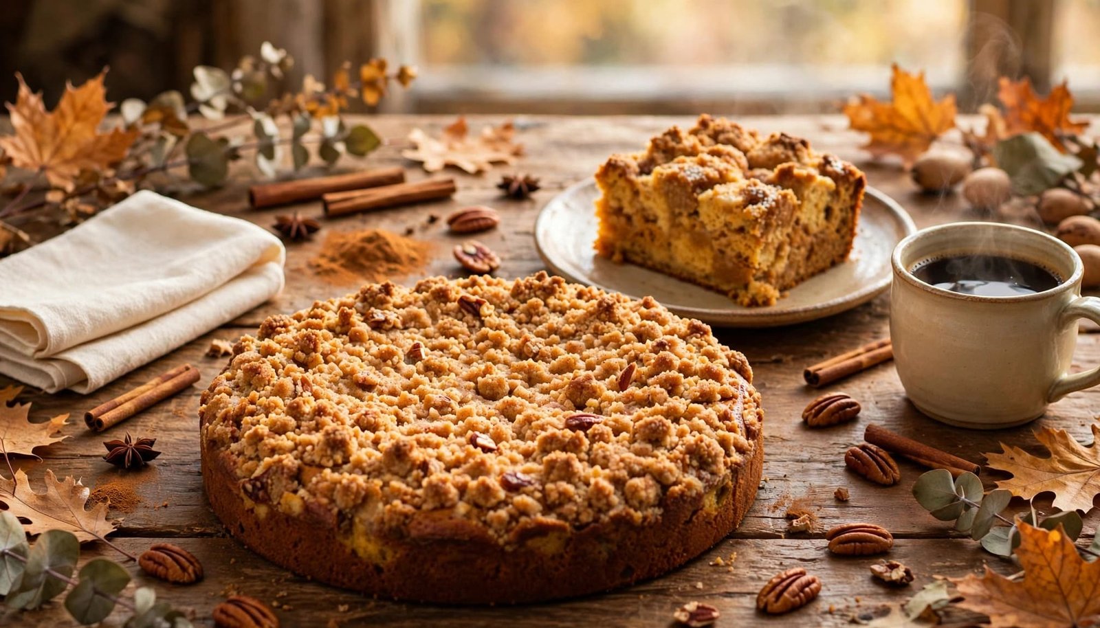 Pumpkin cake and bread pudding sit beside coffee on a rustic fall table.
