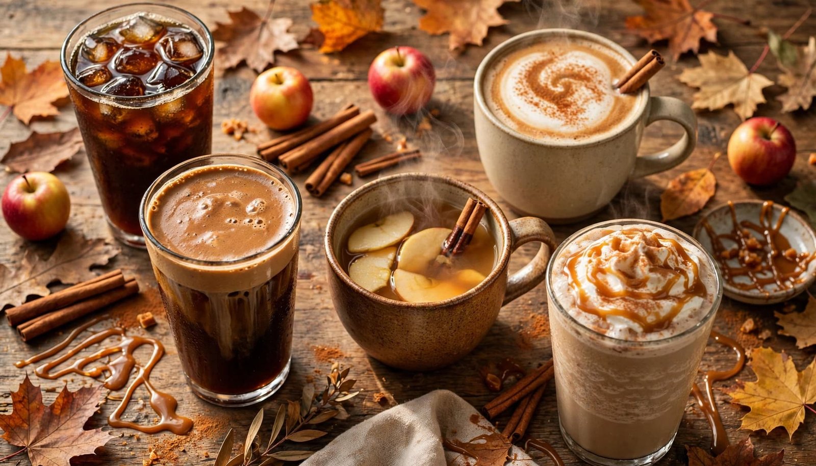 Five autumn drinks sit on a rustic table with apples, cinnamon sticks, caramel, and fall leaves.