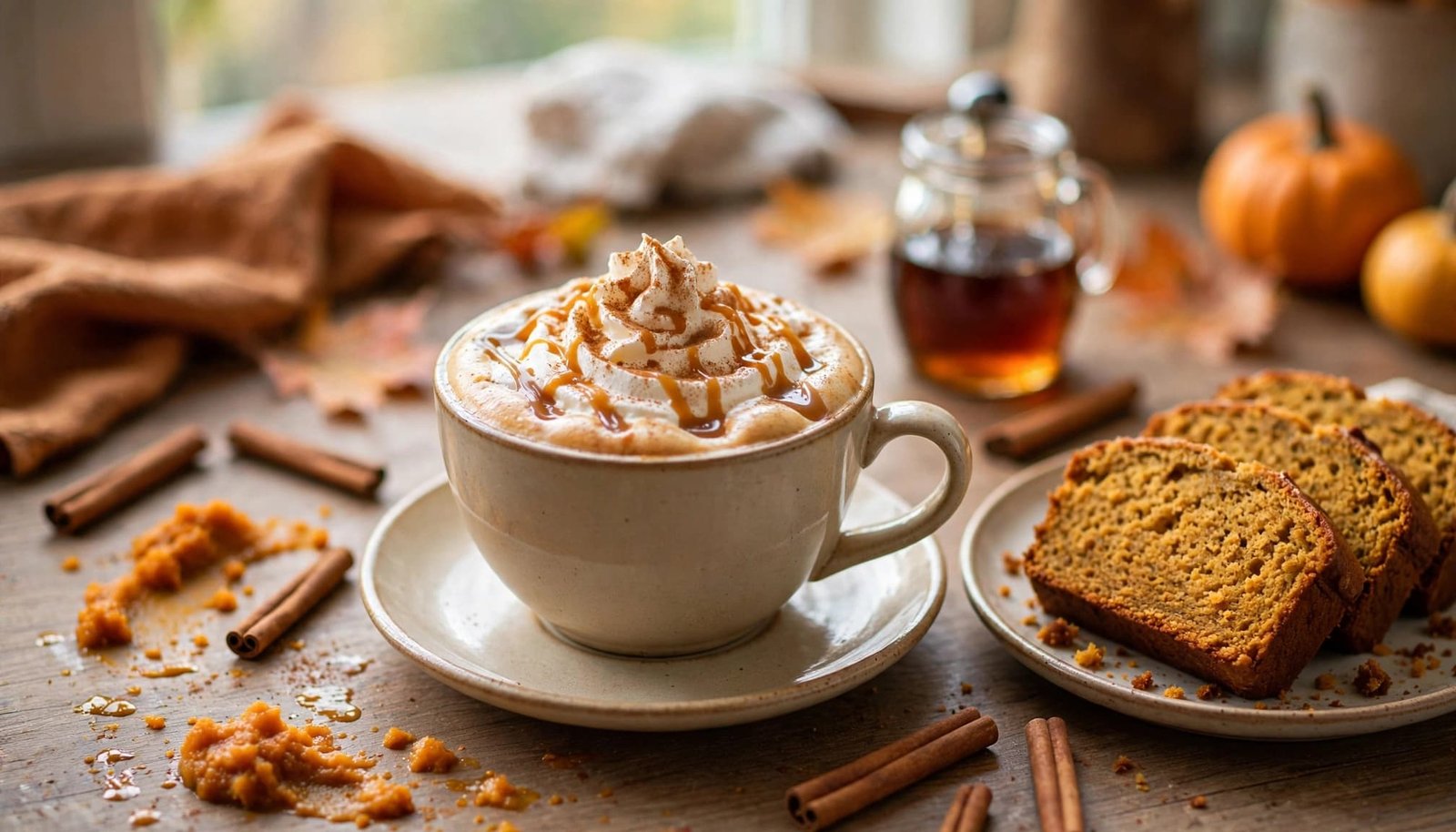 Pumpkin latte with whipped cream beside pumpkin bread on a warm kitchen counter.