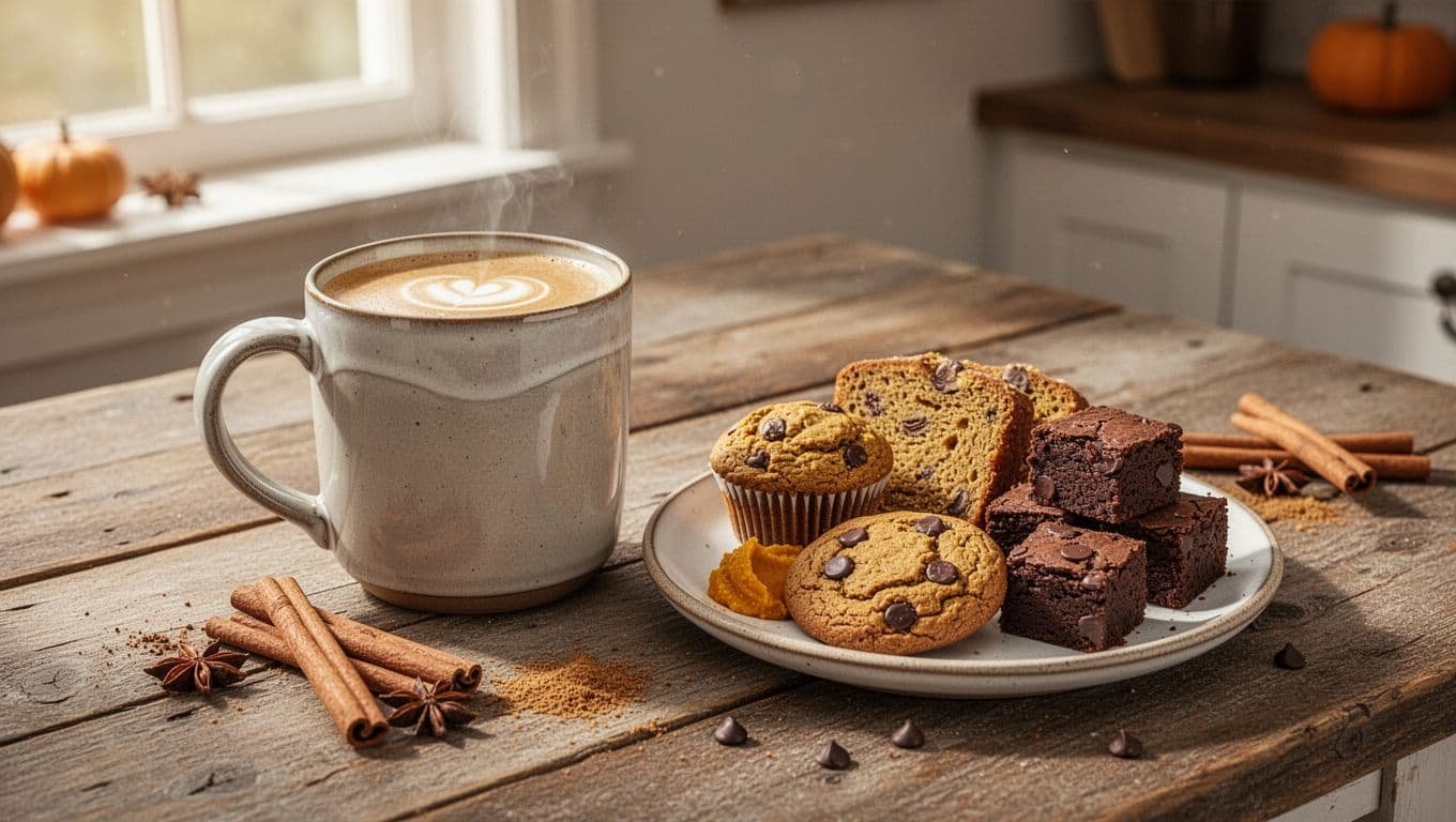 Pumpkin latte beside muffins, banana bread, cookies, and brownies on a rustic table.