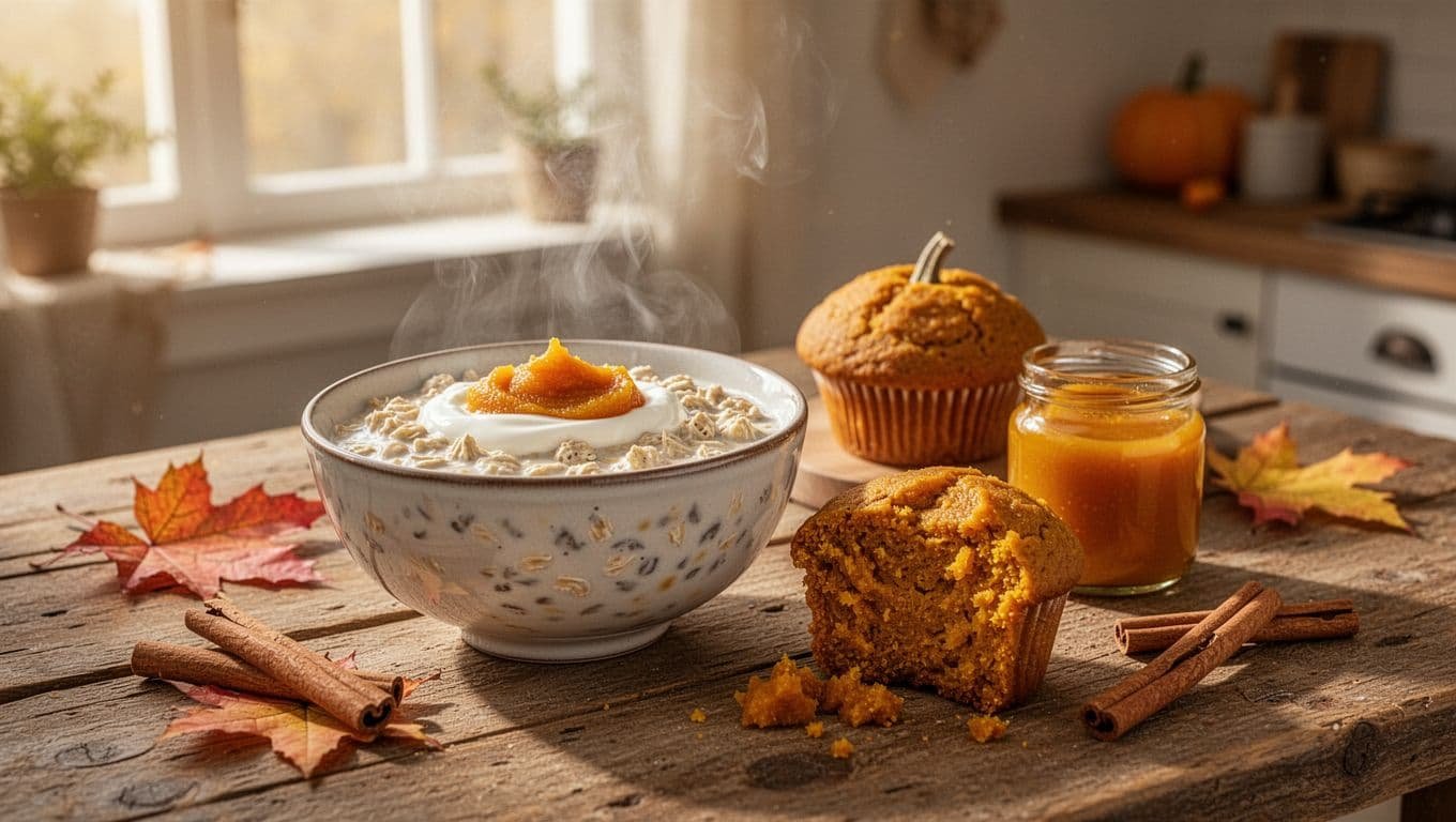 Pumpkin overnight oats, a sliced muffin, and pumpkin puree on a sunlit autumn table.