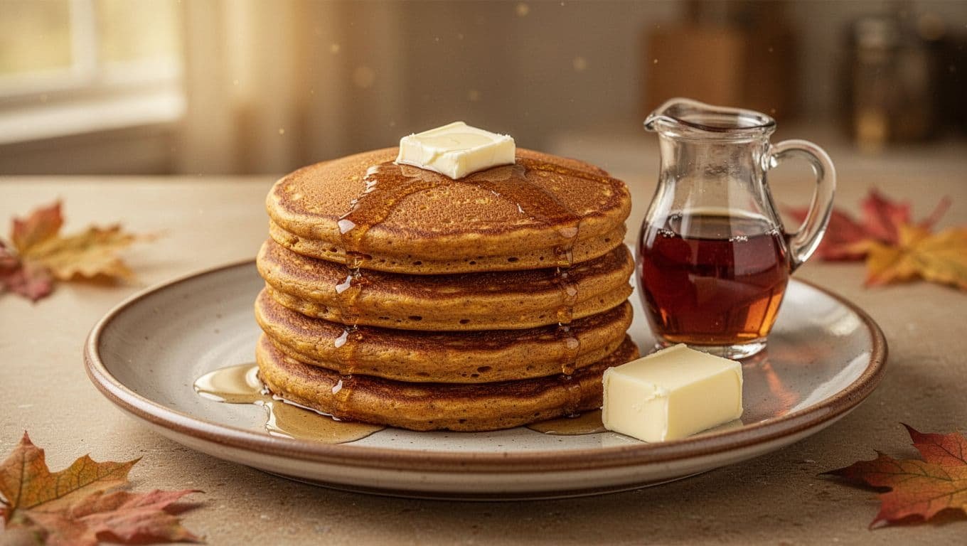 A stack of pumpkin pancakes with syrup and butter on a ceramic platter.