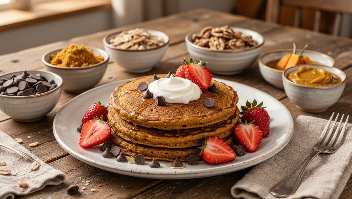 Pumpkin pancakes with strawberries, yogurt, chocolate chips, and warm toppings on a rustic table.