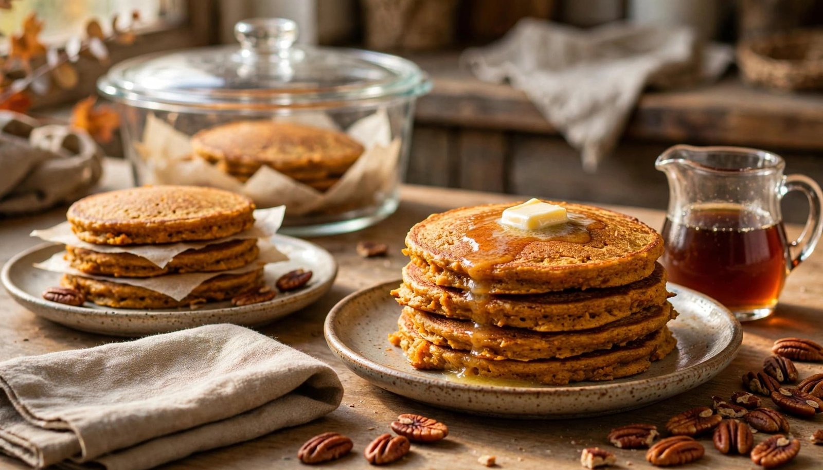 Pumpkin pancakes with butter, syrup, pecans, and stored leftovers on a kitchen counter.
