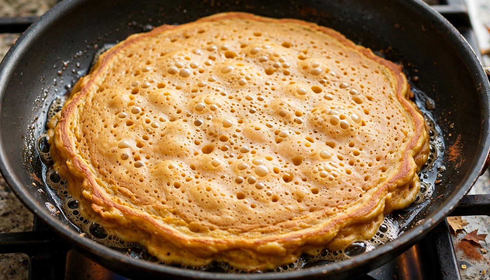A pumpkin pancake with bubbles cooking in a skillet.