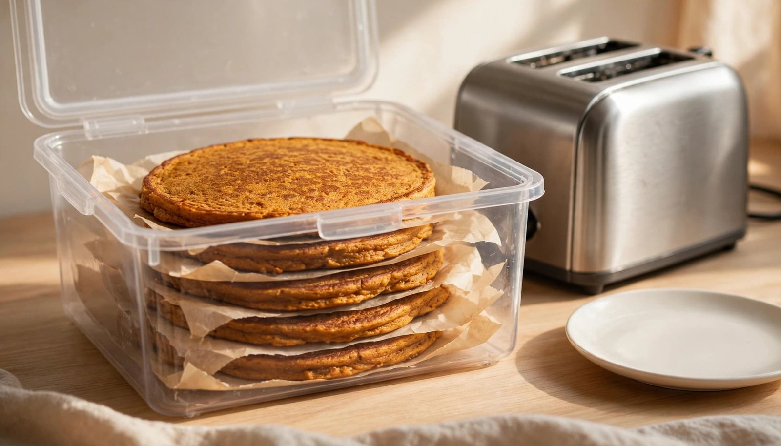 Cooled pumpkin pancakes are stacked with parchment in a freezer container beside a toaster.