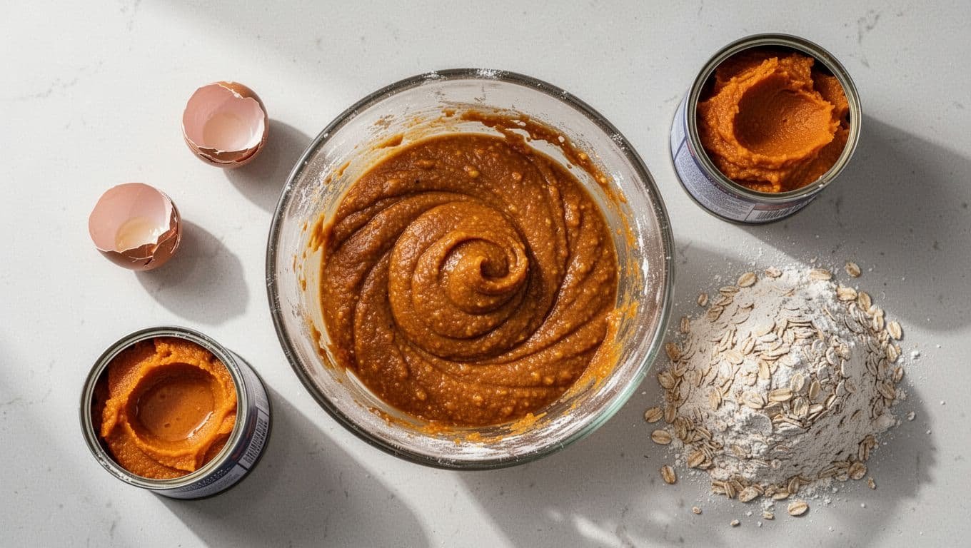 Bowl of pumpkin pancake batter with eggs, oat flour, and pumpkin puree.