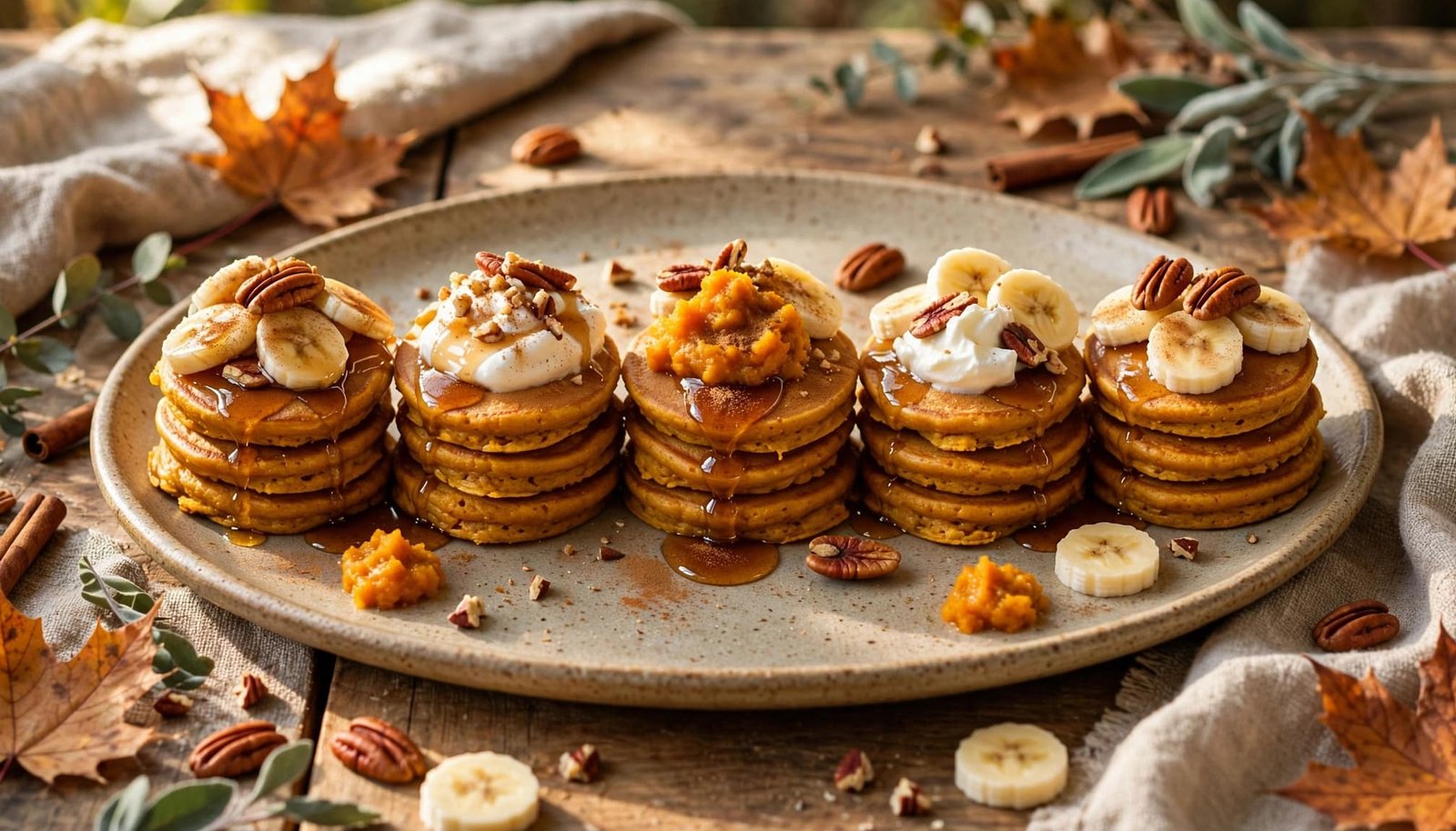 Five pumpkin pancake stacks with syrup, pecans, cream, cinnamon, and bananas on one rustic plate.