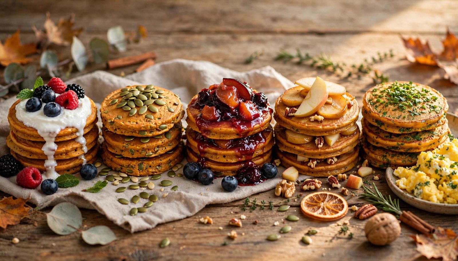 Five pumpkin pancake stacks with varied toppings sit beside scrambled eggs on a rustic table.