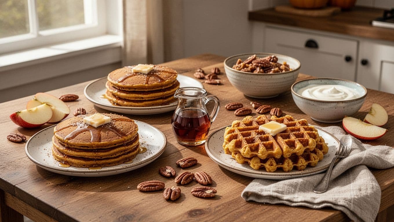Pumpkin pancakes and waffles with syrup, pecans, apples, and yogurt on a kitchen table.