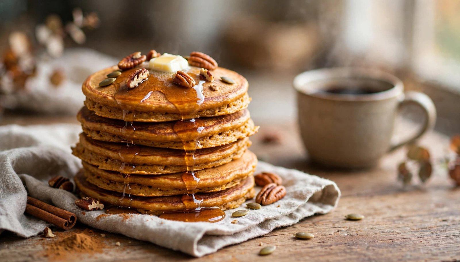 Pumpkin pancakes with syrup, butter, pecans, and seeds beside coffee and a linen napkin.