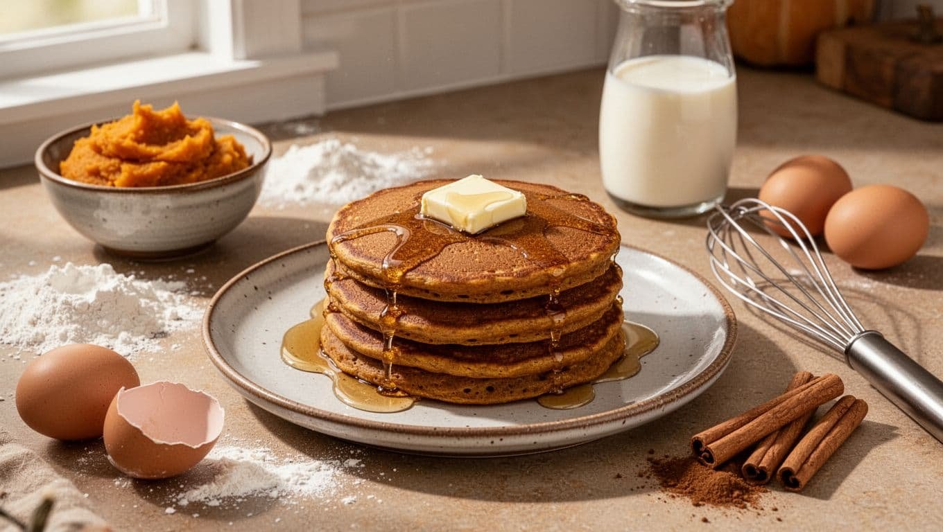 Pumpkin pancakes with butter and syrup sit beside bowls of baking ingredients.