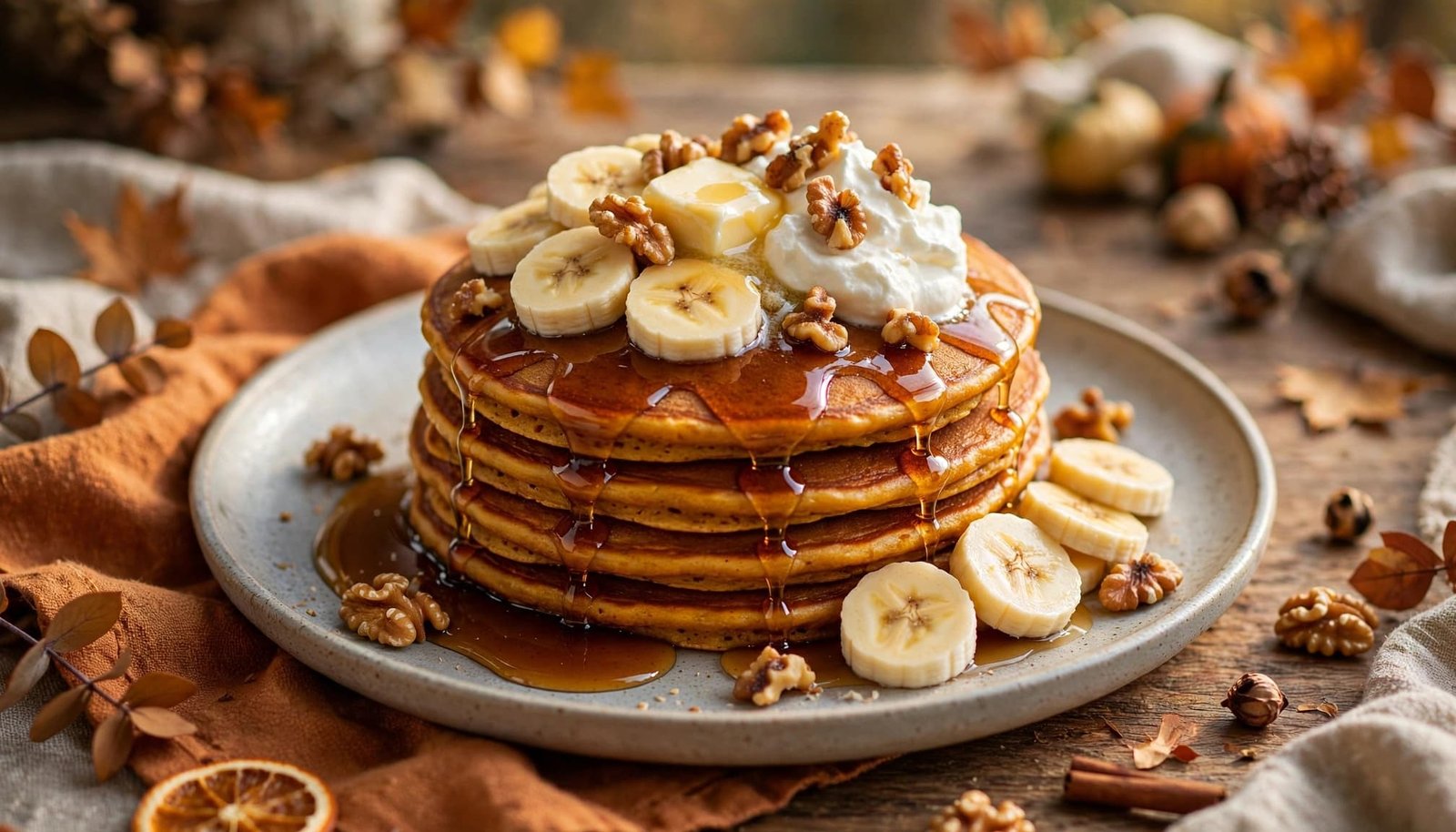 Pumpkin pancakes with syrup, butter, whipped cream, banana, and walnuts on a ceramic plate.