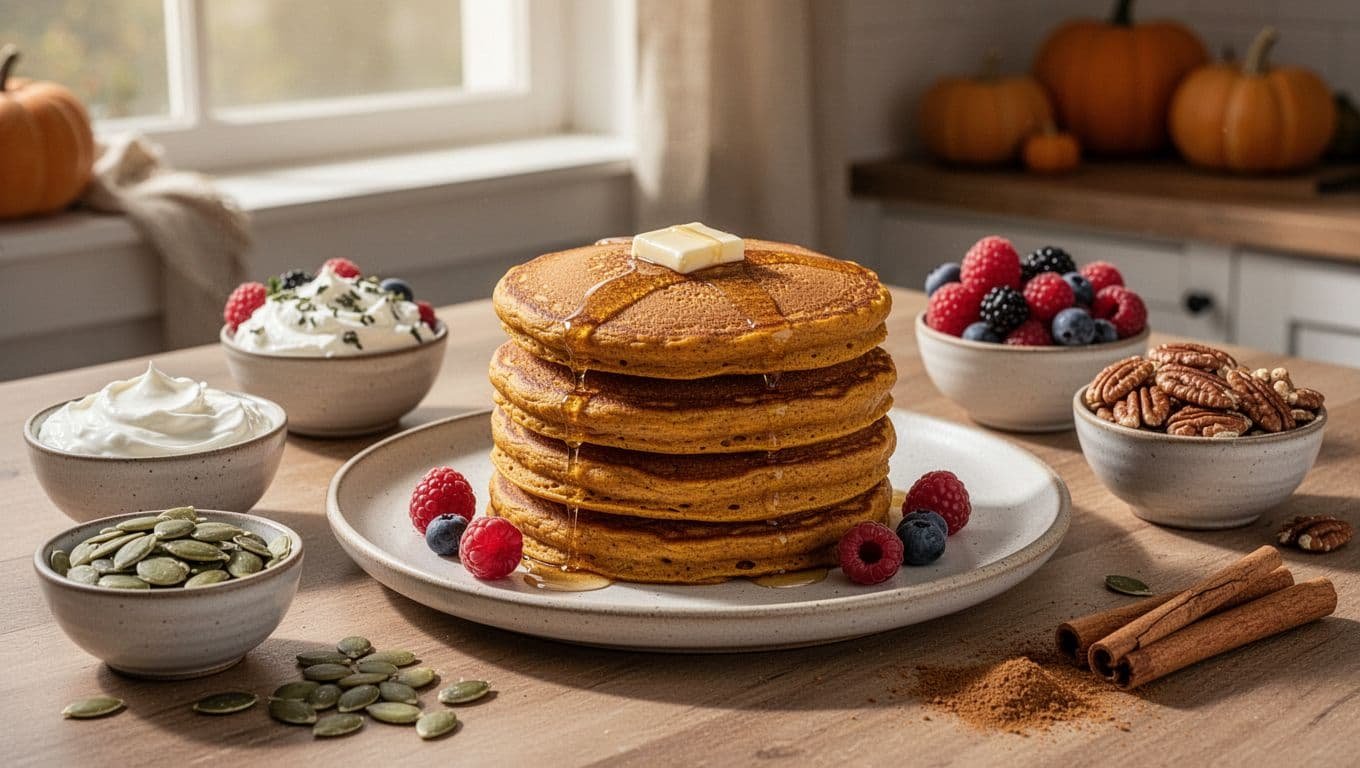 Golden pumpkin pancakes with yogurt, berries, seeds, pecans, and cinnamon in nearby bowls.