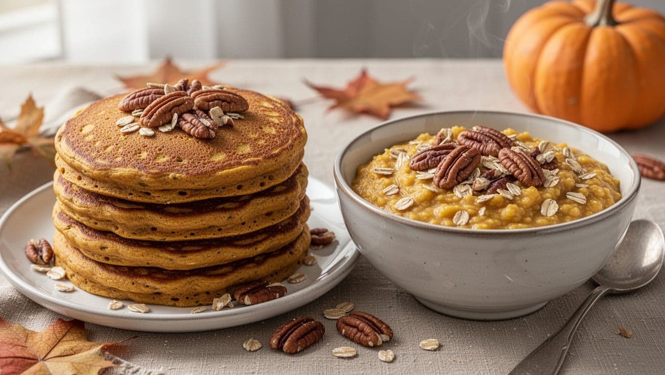 Pumpkin pancakes and creamy oatmeal with toasted pecans on a fall breakfast table.