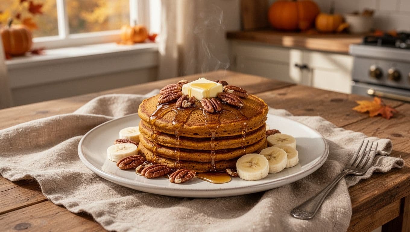 Pumpkin pancakes topped with butter, syrup, pecans, and banana on a wooden breakfast table.