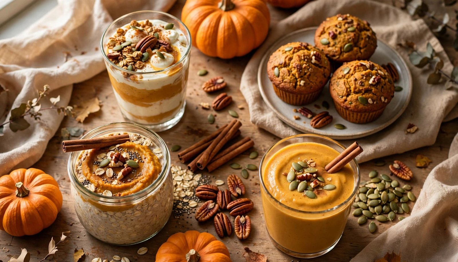 Pumpkin parfait, muffins, oats, and smoothie arranged on a cozy kitchen table.