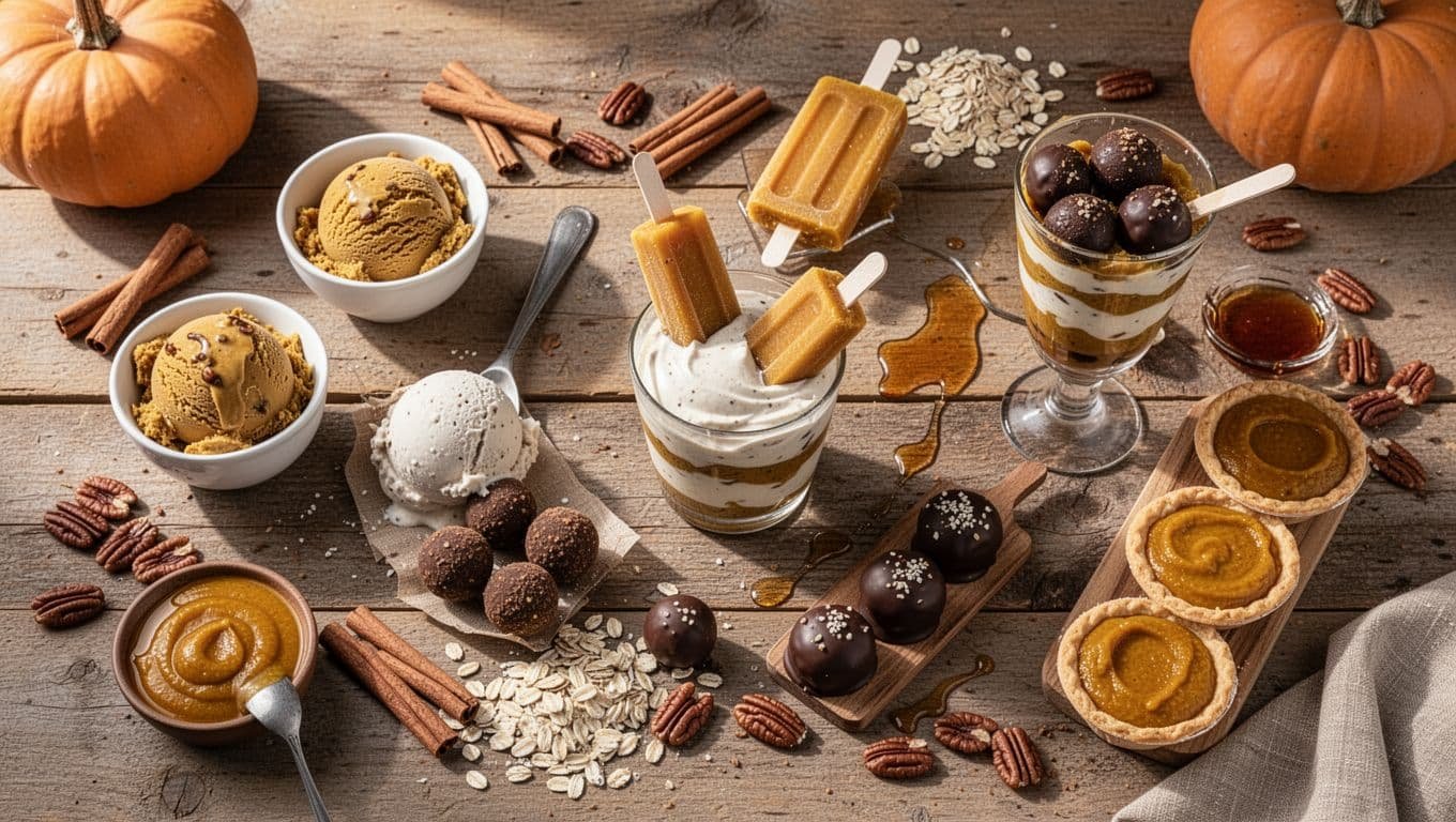 Assorted pumpkin protein desserts with pecans, oats, cinnamon, and maple syrup.