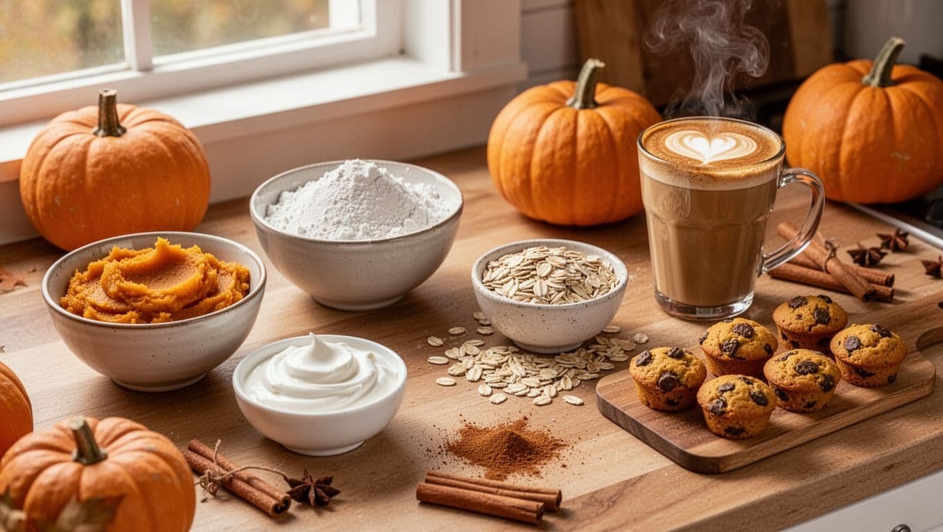 Pumpkin ingredients, latte, and baked protein bites arranged on a kitchen counter.