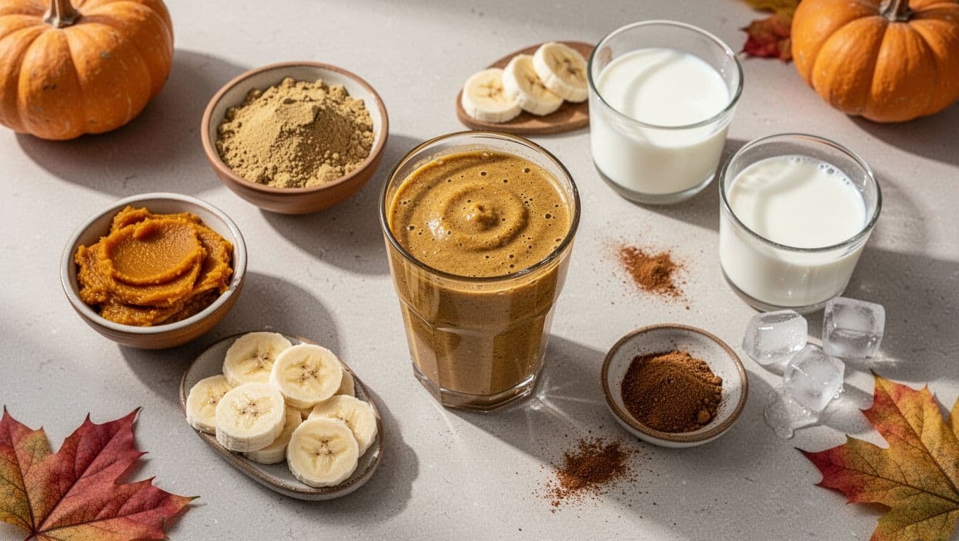 A pumpkin smoothie sits beside bowls of fall breakfast ingredients.