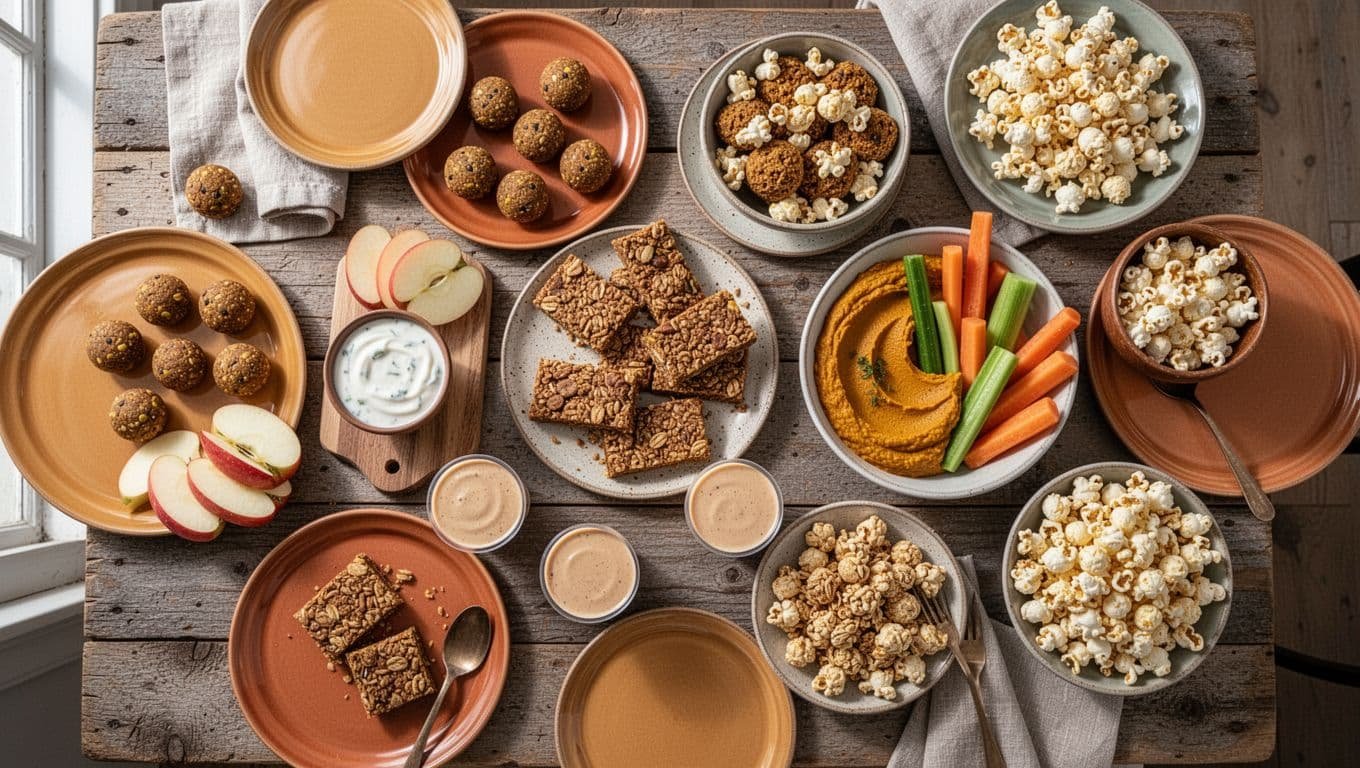Pumpkin snacks, granola bars, dips, pudding, and popcorn arranged on a rustic table.